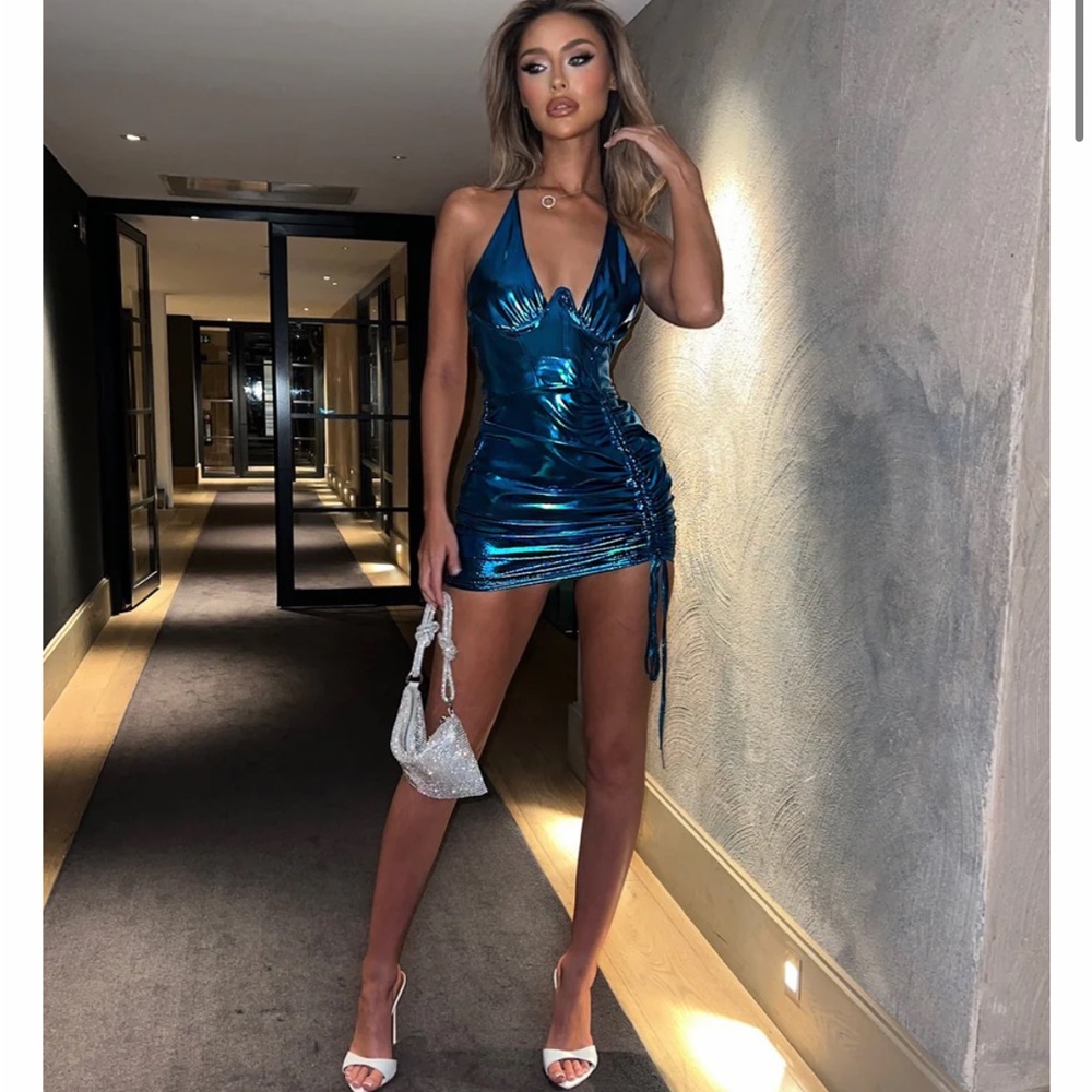 Metallic blue mini dress
